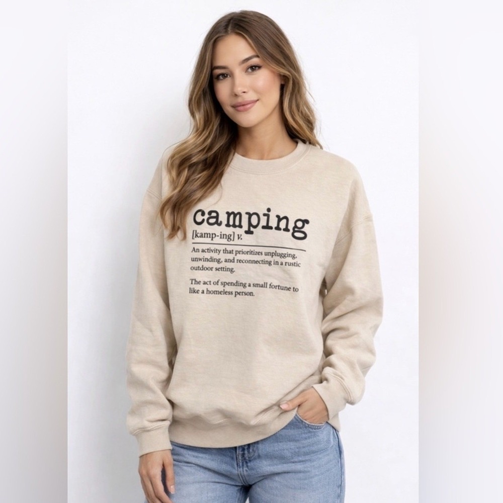 Sweatshirt Unisex "Camping" Definition Tan Crew Neck Graphic Pullover Cozy Warm